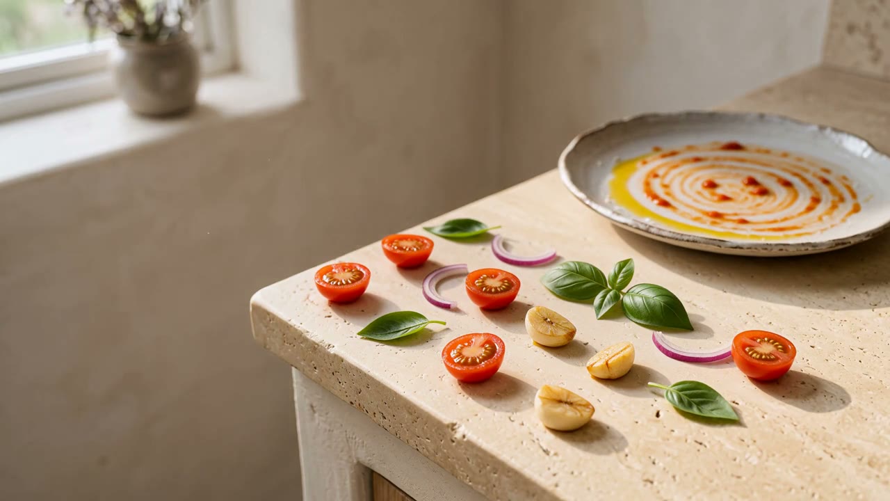 Ingredients from one meal separated on a kitchen counter: tomato halves, onion, garlic cloves, and basil leaves, with the emptied plate behind them.